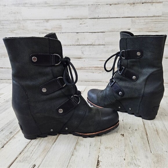SOREL Joan Of Arctic Leather Wedge Mid Winter Ankle Boots in Black NL1987 - Picture 2 of 11